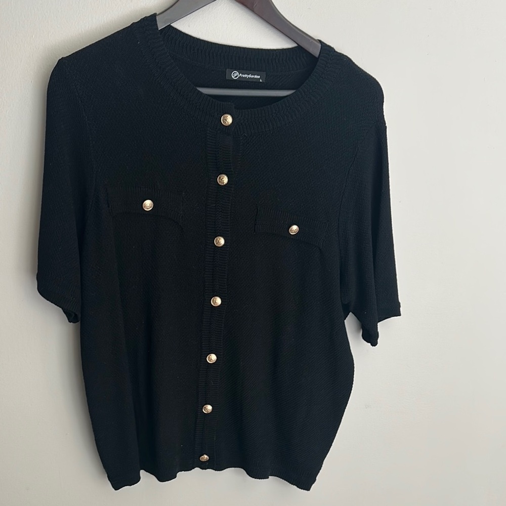 Pretty Garden Black Short Sleeve Cardigan with Gold Buttons lady jacket sweater